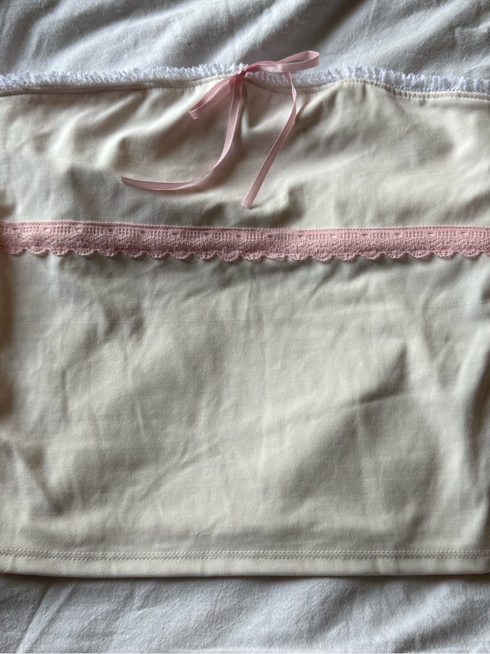 Cream Lace-Trim Crop Cami with Pink Ribbon Accent